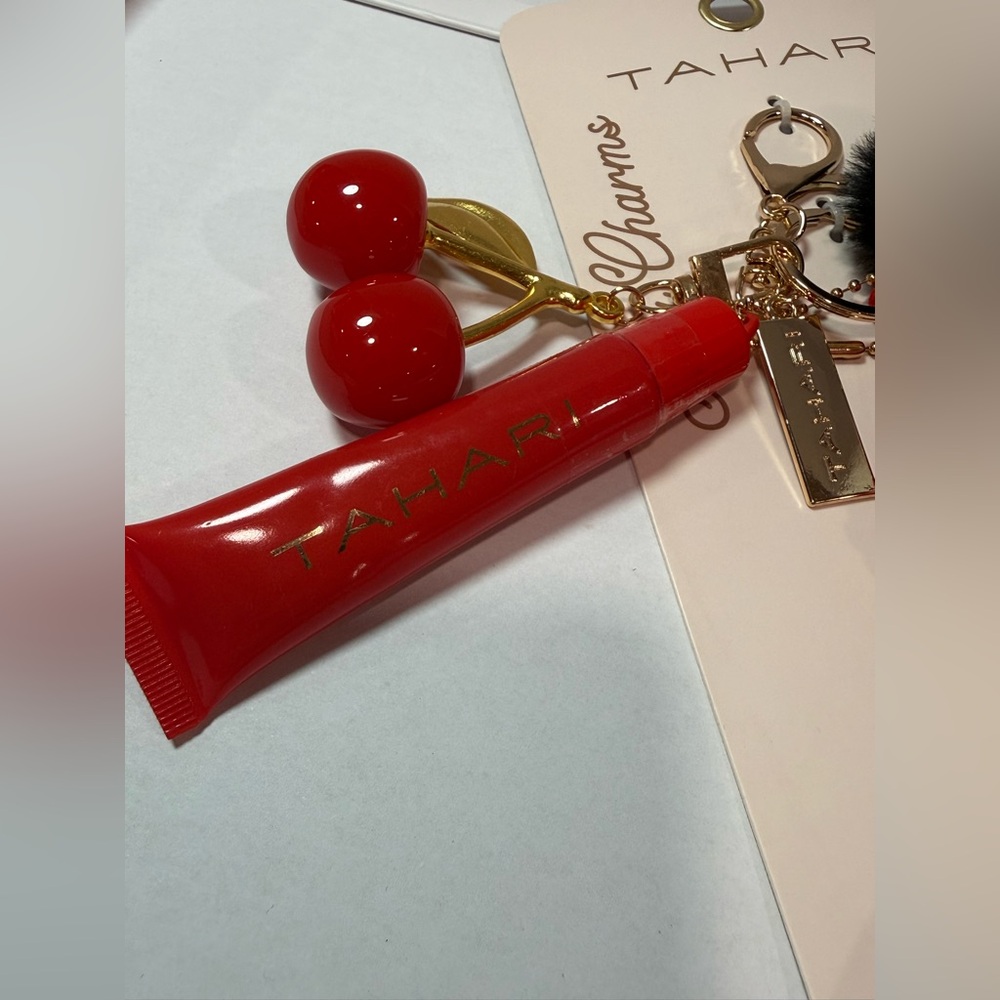 Tahari Cherry Kiss Lip Gloss Keychain Charm Faux Fur Pom Pom NWT - Picture 3 of 4
